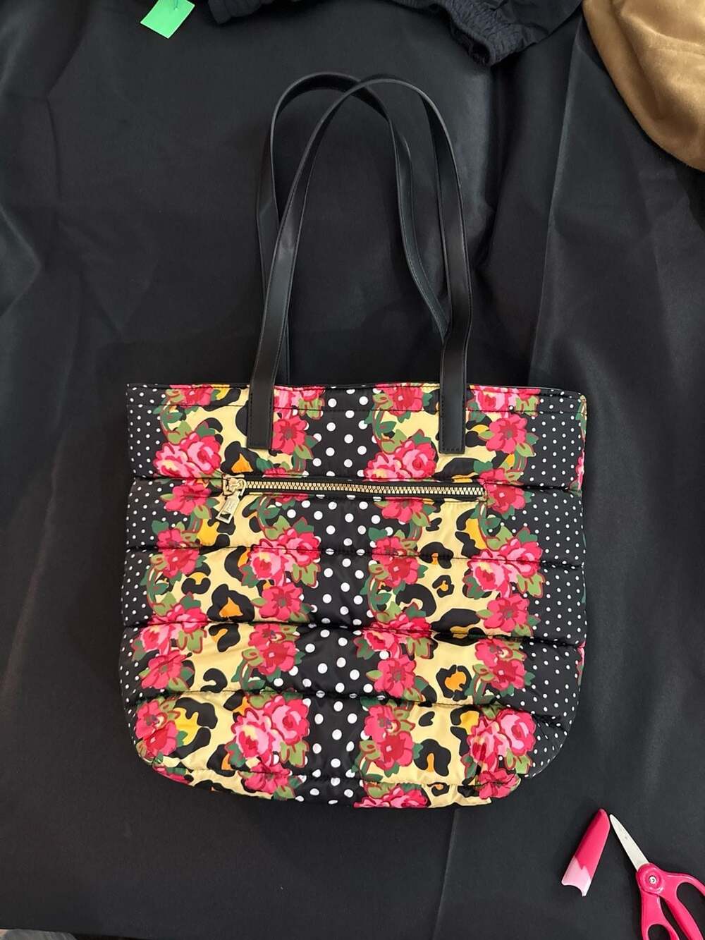 Betsey Johnson Mixed Print Quilted Puffer Tote Bag Floral Leopard Polka Dot